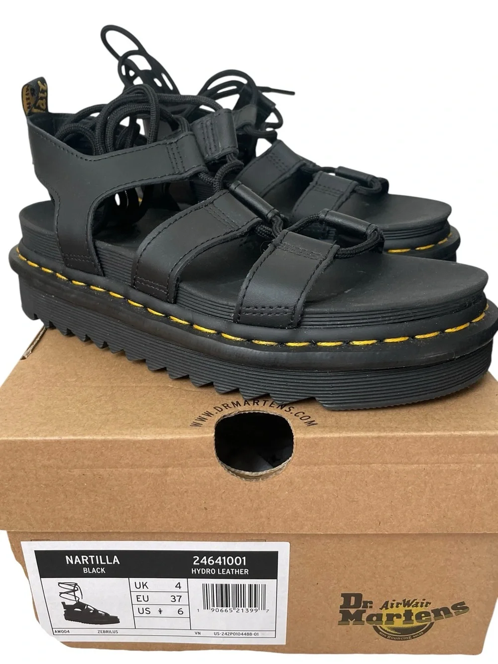 Dr Martens Nartilla Black Gladiator Sandals Women's Sz 37 / 6  Hydro Leather NEW